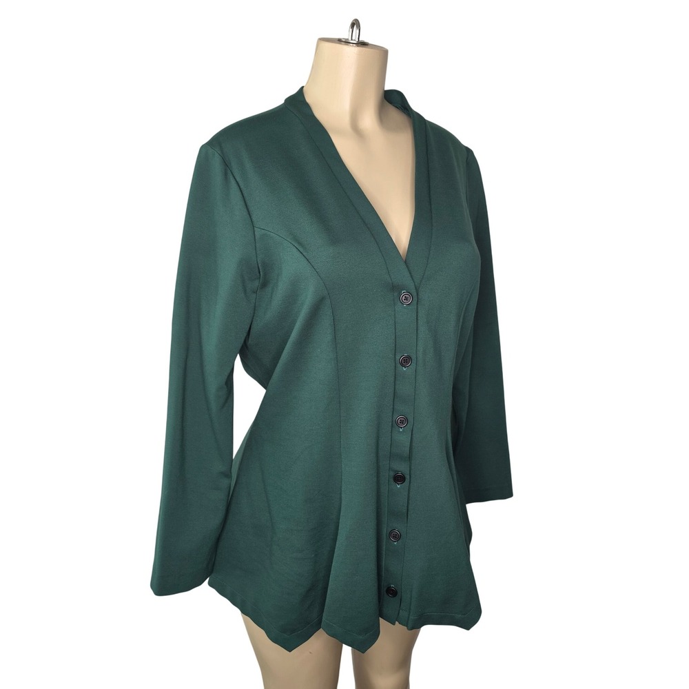 Tetiana K Cardigan Womens XL Green Button Down Peplum Flare Long Sleeve Ponte